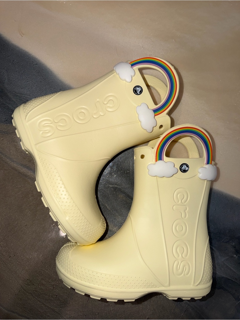 CROCS Kids' Cream Rain Boots with Rainbow Cloud Handles